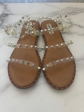 Steve Madden Clear Studded Ankle Strap Sandals with Tan Footbed